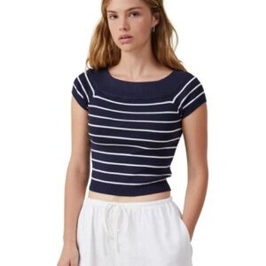 Cotton On Navy White Striped Knit Crop Top Cap Sleeve Fitted Size L